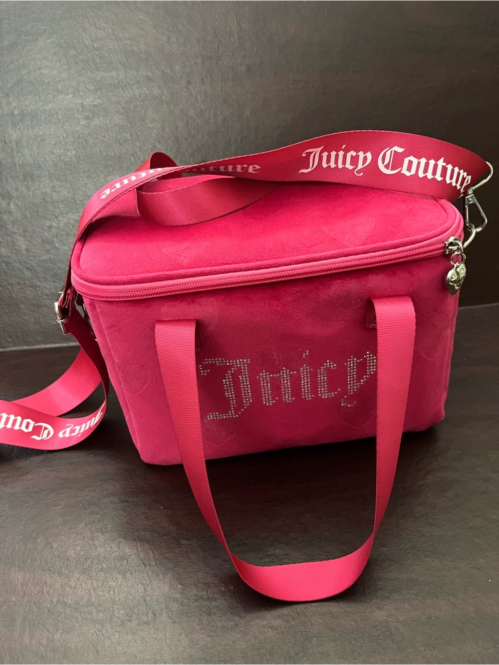 Juicy Couture Hot Pink Rhinestone Logo Lunch Box/Cosmetic Case w Branded Strap